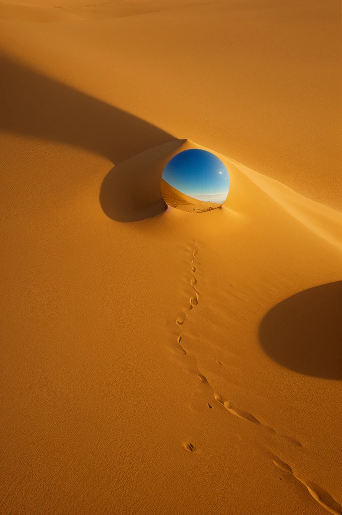 Imagem ampla, na horizontal, em widescreen, Arabian desert with just one tree, bem grande, de flor amarela sobre a duna ao longe
