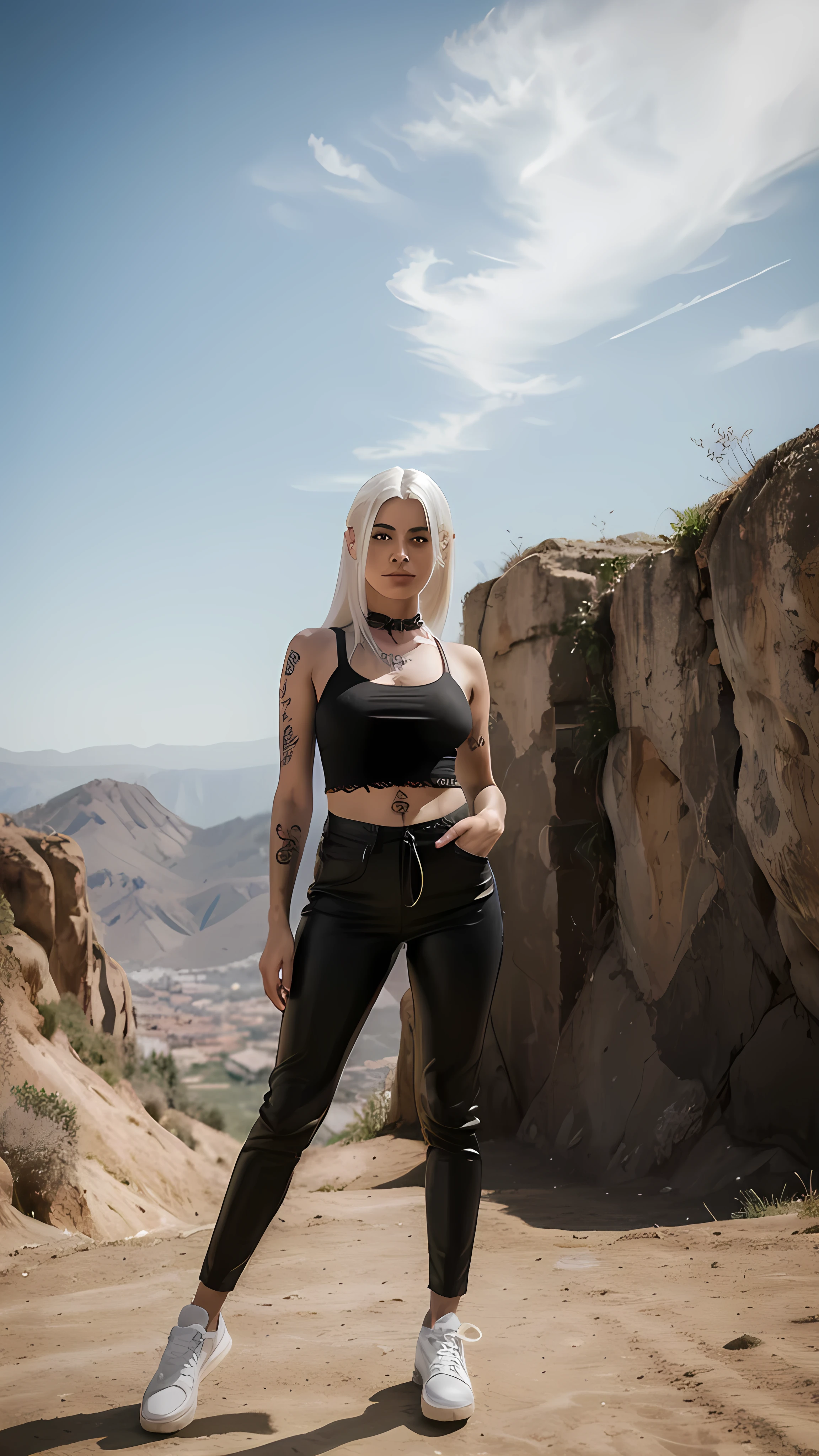 ((mejor calidad)), ((obra maestra)), (detallado),((cartoon)),a young girl with tied white hair with red eyes, con ropa braga_black tattoos on left arm with tight pants_color oro, zapatilla color negro mirando al cielo ,con paisaje futurista