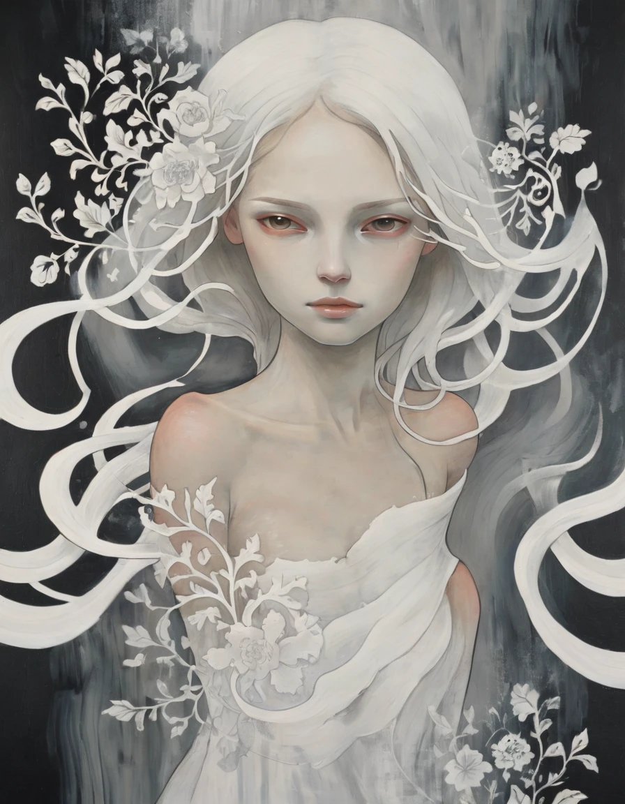 aumentar, fondo oscuro, chica, salpicadura de pintura blanca, Desvanecimiento, white interconnected wavy lines, Floral pattern