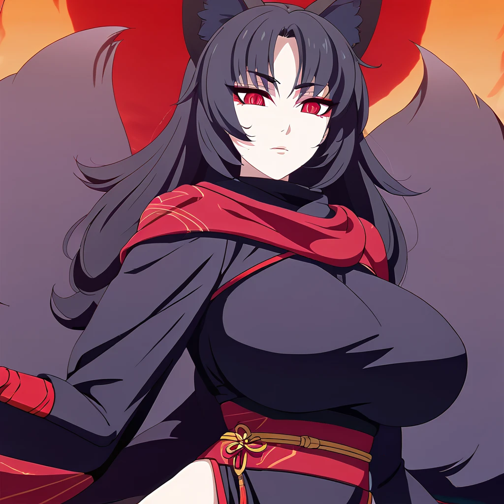 a beautiful detailed black kitsune girl, long black kitsune ears, multiple black kitsune tails, red and black ninja outfit, 8k, anime style, red eyes, big breasts, extremely detailed eyes and face, ultra-detailed, 4k, high quality, vibrant colors, long black hair, mature woman, wide waist