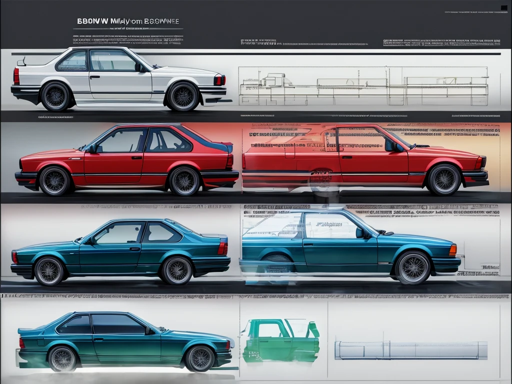 bmw e30 design sheet page , informative graphs, concept sheet illustration, make it on white sheet, minimalism, white paper, white backround