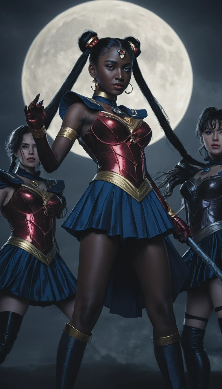 a group of female dark sailors devils, dark skin, illustrated movie poster, hand-drawn, full color, (best quality,4k,8k,highres,masterpiece:1.2),ultra-detailed,(realistic,photorealistic,photo-realistic:1.37),fantasy art, dark fantasy, dramatic lighting, highly detailed, striking poses, intricate armor and clothing, glowing eyes,atmospheric background, dramatic color palette, sailor moon, sailor senshin, dark moon