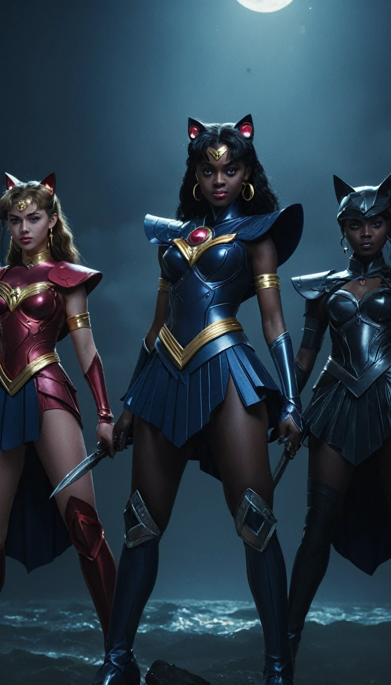 a group of female dark sailors devils, dark skin, illustrated movie poster, hand-drawn, full color, (best quality,4k,8k,highres,masterpiece:1.2),ultra-detailed,(realistic,photorealistic,photo-realistic:1.37),fantasy art, dark fantasy, dramatic lighting, highly detailed, striking poses, intricate armor and clothing, glowing eyes,atmospheric background, dramatic color palette, sailor moon, sailor senshin, dark moon