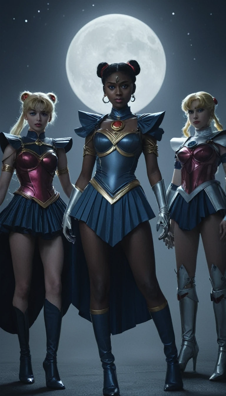 a group of female dark sailors devils, dark skin, illustrated movie poster, hand-drawn, full color, (best quality,4k,8k,highres,masterpiece:1.2),ultra-detailed,(realistic,photorealistic,photo-realistic:1.37),fantasy art, dark fantasy, dramatic lighting, highly detailed, striking poses, intricate armor and clothing, glowing eyes,atmospheric background, dramatic color palette, sailor moon, sailor senshin, dark moon