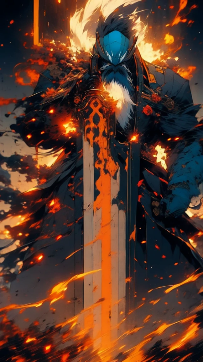 Create an image of an elderly man with a large beard, a lumberjack with an incredible physique, jujutsu kaisen anime style, with very light blue eyes and white hair