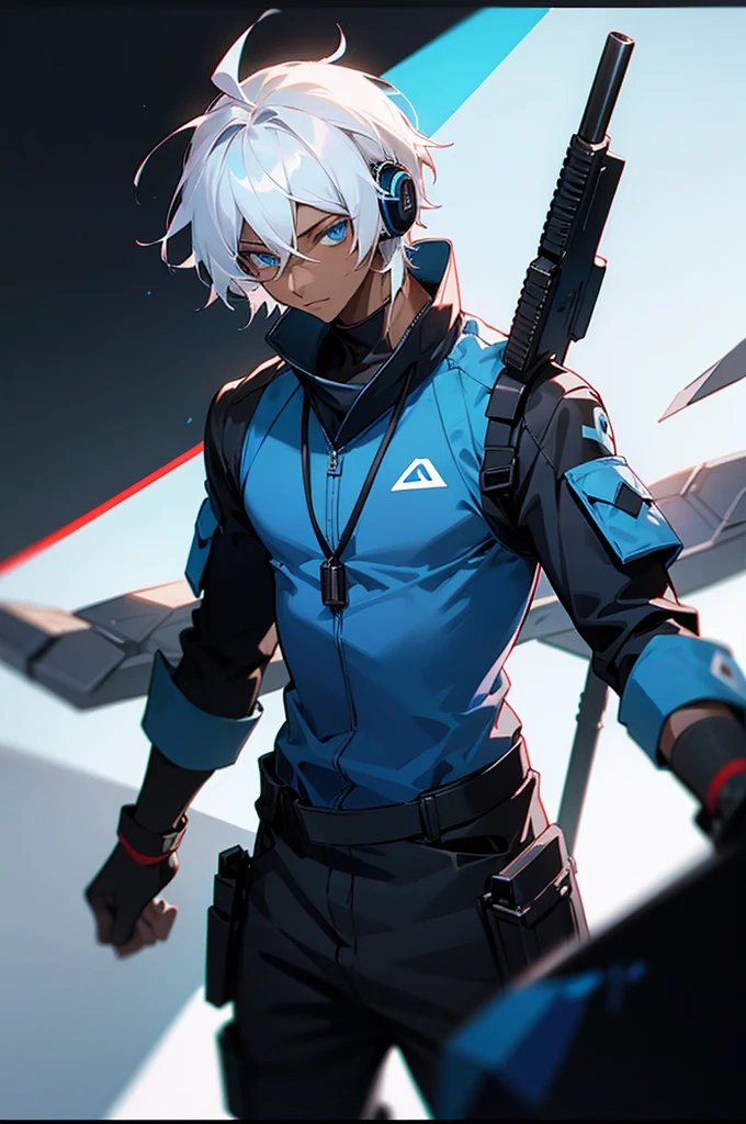 Young adult, Male, white hair, blue Eyes, African American Dark skin color, black jumpsuit, headphones, Trion Body, Armed.