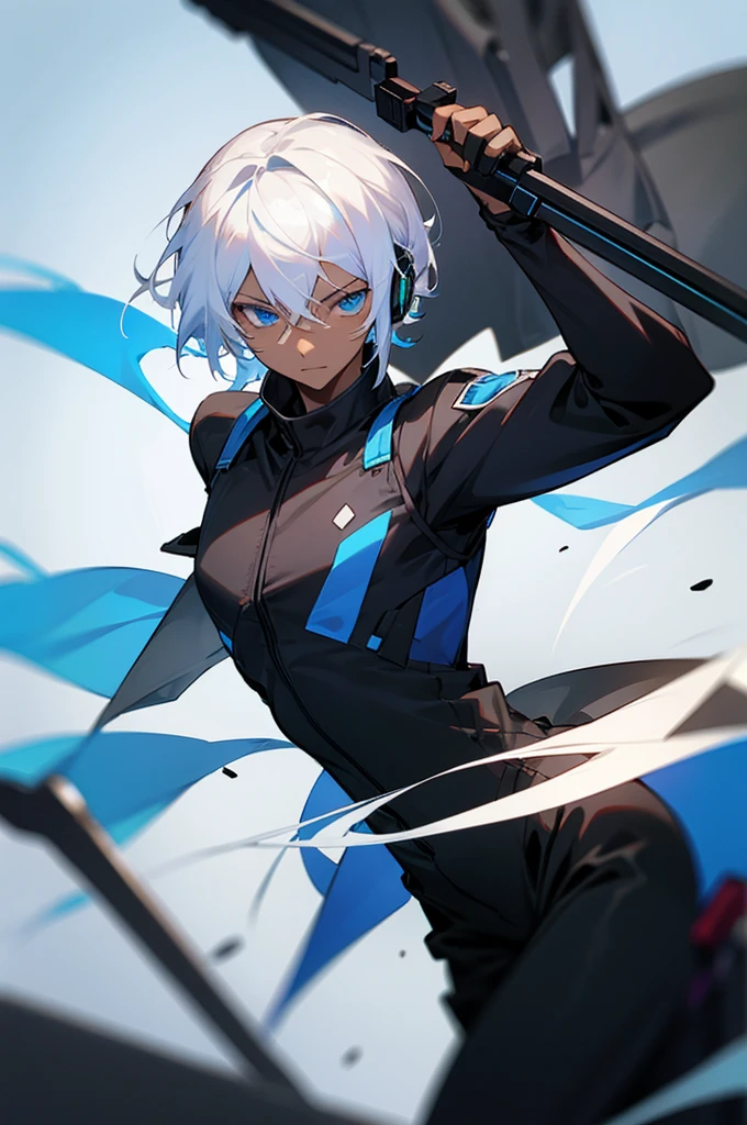 Young adult, Male, white hair, blue Eyes, African American Dark skin color, black jumpsuit, headphones, Trion Body, Armed.