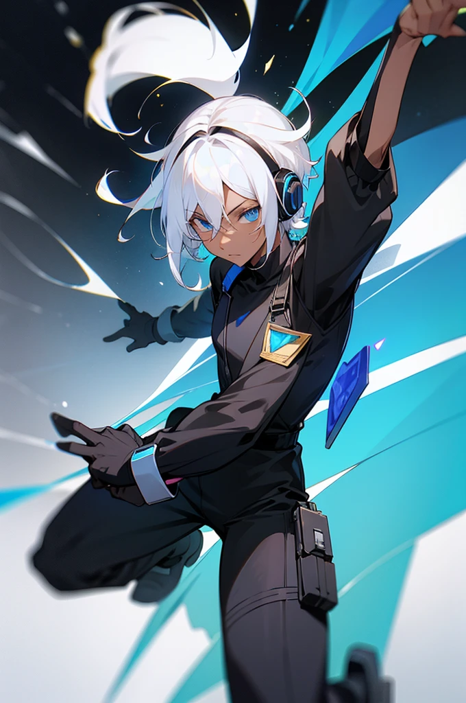 Young adult, Male, white hair, blue Eyes, African American Dark skin color, black jumpsuit, headphones, Trion Body, Armed.