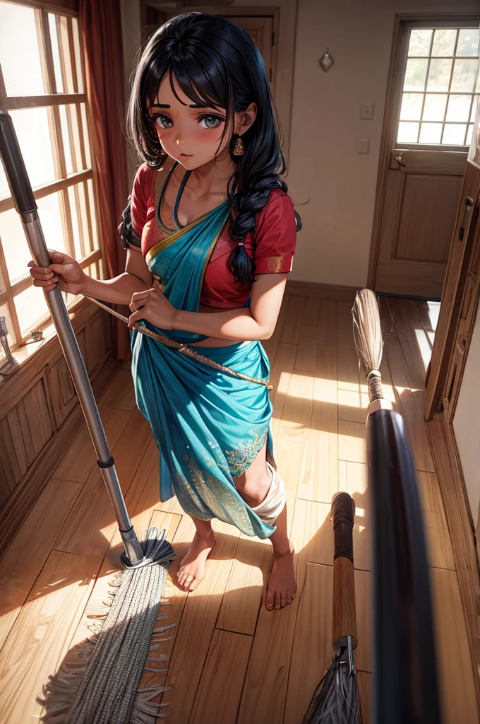 Indian girl wearing saree while sweeping the house, ultra realistic 8k hard clearty