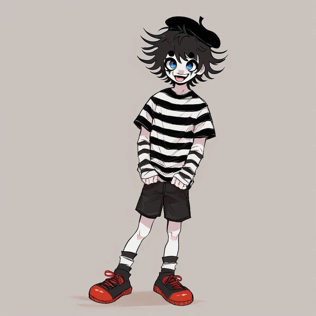 young adult male mime, shirt grunge, sketchy lines, messy hair, black hair, wearing a beret, score_8_up, score_9_up,happy, has mime makeup on, wearing a mime outfit, dark blue eyes, performing on the streets of paris, miming, showing full body, on a city street, solo, alone, (SOLO)(ALONE) Dancing, arms out, hands open