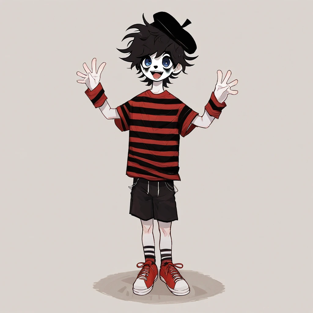 young adult male mime, shirt grunge, sketchy lines, messy hair, black hair, wearing a beret, score_8_up, score_9_up,happy, has mime makeup on, wearing a mime outfit, dark blue eyes, performing on the streets of paris, miming, showing full body, on a city street, solo, alone, (SOLO)(ALONE) Dancing, arms out, hands open