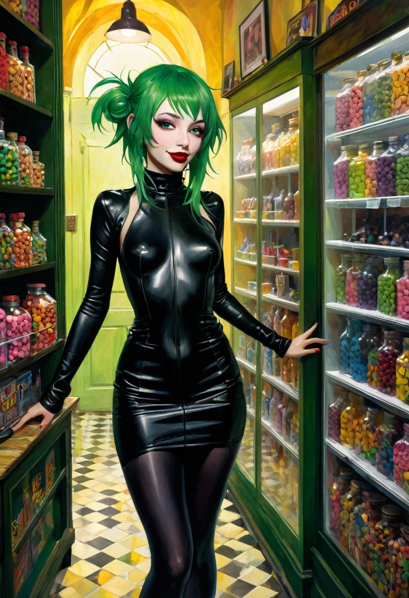 erotism , small tits, pronounced nipples,woman long green hair, full body, perfect ass {{{{1woman,realistic,photorealistic}}}}, perfect ass, good girl face, very small breasts, {{a girl with green hair in the middle of a small candy store, sexy and naughty smile, punk look, tight leather dress, pronounced nipples, (inspirational art by Dave McKean and Bill Sienkiewicz, oil painting, brushstroke details that enhance depth)(best quality,4k,8k,highres,masterpiece:1.2)(best quality,4k,8k,highres,masterpiece:1.2),ultra-detailed,(realistic,photorealistic,photo-realistic:1.37),intricate details,vivid colors,sharp focus,professional,Dave McKean artwork, oil touch of surrealism,oil painting style,portrait,woman,beautiful detailed eyes,beautiful detailed lips,dreamlike atmosphere,shadow play,soft lighting,playful pose,minimalist room,dark hues,ethereal background,fantasy elements,texture,layered composition.
