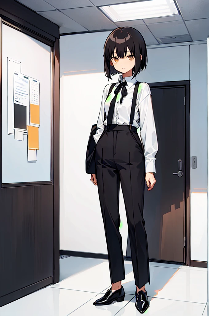 (((shy girl))), (((shy posture))), (((1 Girl))), (((standing up))), (((full body))), (((amber-colored irises))), ((flat chested)), ((((Urabe Mikoto from Mysterious Girlfriend X anime style haircut)))), (((hair bangs over eyes)))), ((((eyes hiding behind hair)))), (((short black wavy hair in a bob-cut))), ((((black high-waist long slacks)))), ((black suspenders)), (((black tie))), (((women's dress shirt))), ((women's dress shoes)), ((20-year-old Office Lady)), ((((Office Setting))).