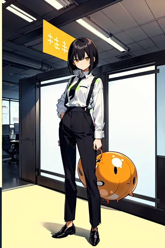 (((shy girl))), (((shy posture))), (((1 Girl))), (((standing up))), (((full body))), (((amber-colored irises))), ((flat chested)), ((((Urabe Mikoto from Mysterious Girlfriend X anime style haircut)))), (((hair bangs over eyes)))), ((((eyes hiding behind hair)))), (((short black wavy hair in a bob-cut))), ((((black high-waist long slacks)))), ((black suspenders)), (((black tie))), (((women's dress shirt))), ((women's dress shoes)), ((20-year-old Office Lady)), ((((Office Setting))).