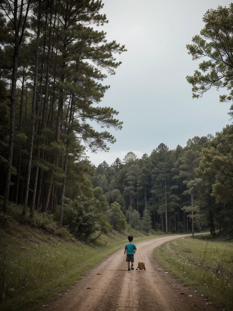  scene with the camera close to the ground, showing a boy and a dog leaving a highway and heading towards a forest, a qual parece ser abandonada, with many trees and in the foreground, um cogumelo pequeno estranho soltando esporos no ar, as if he intended to infect the boy who is walking.