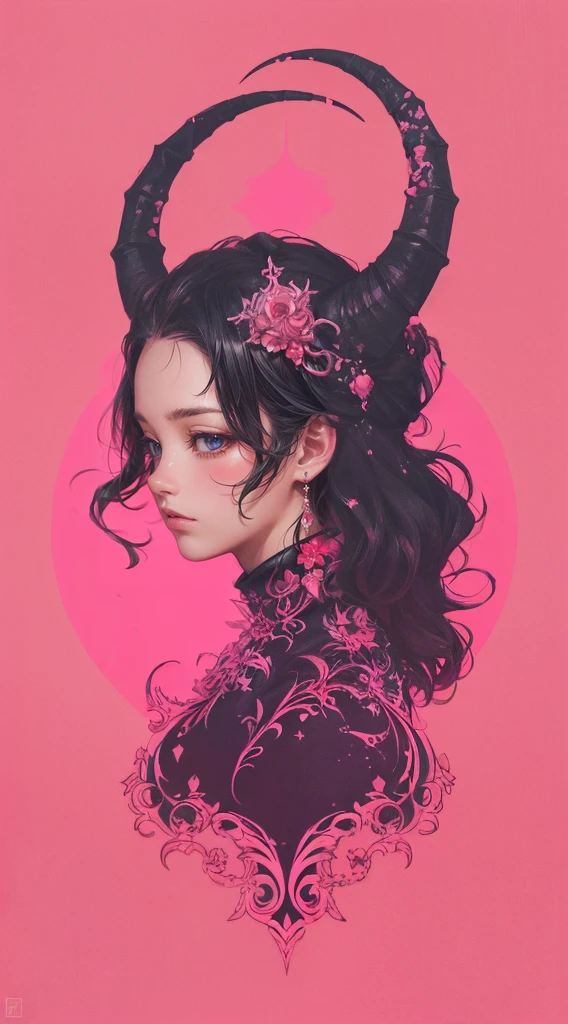 pink background, the trifecta of dreams, pink horned demon goddess, beautiful detailed eyes, beautiful detailed lips, extremely detailed face, 1girl, surreal, hyper detailed, oil painting, ethereal, dramatic lighting, vibrant colors, cinematic composition, intricate details, masterpiece