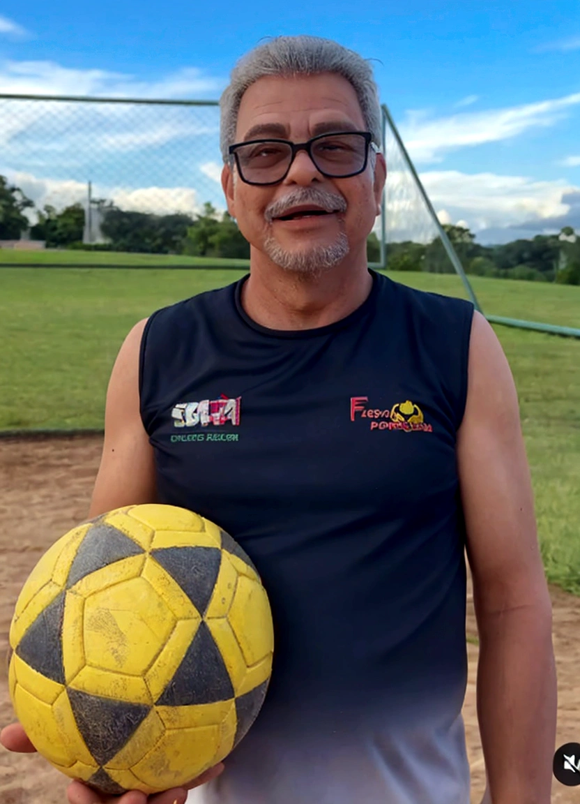 there is a man holding a soccer ball in his hand, ele tem cerca de 60 anos, sorrindo, cartoon estilo disney pixar,