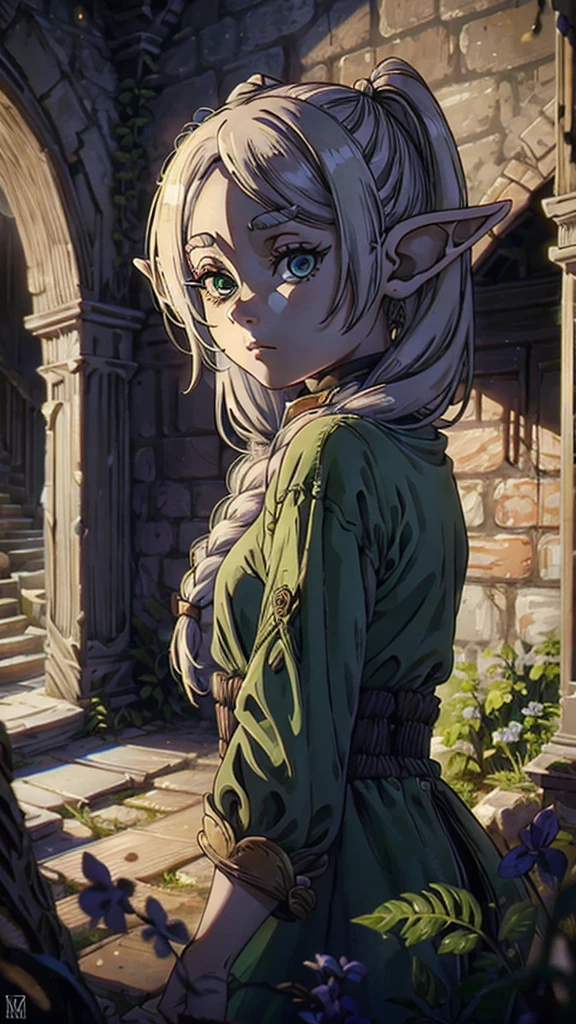 In realistic painting portrait of high quality and detail, Frieren (Sousou no Frieren), dark fantasy style, european, A petite elf girl with green eyes, thick eyebrows and long white hair parted in the middle and braided into two high pigtails. Like all elves, she has large pointed ears, 1girl, Depth & Perspective, happy look, fine face, indoors, she's stands in the ruins, antient ruins on the background, daylight, looking at viewer, (very detailed face:1.4), (capricious, private study:1.3), (Ultra-high detail:1.2), Motion photography, high details, detailed and intricate, intricate details, high intricate details, Absurd amount of detail, absurdity, high resolution, (high quality:1.2, masterpiece:1.2, :1.21)
