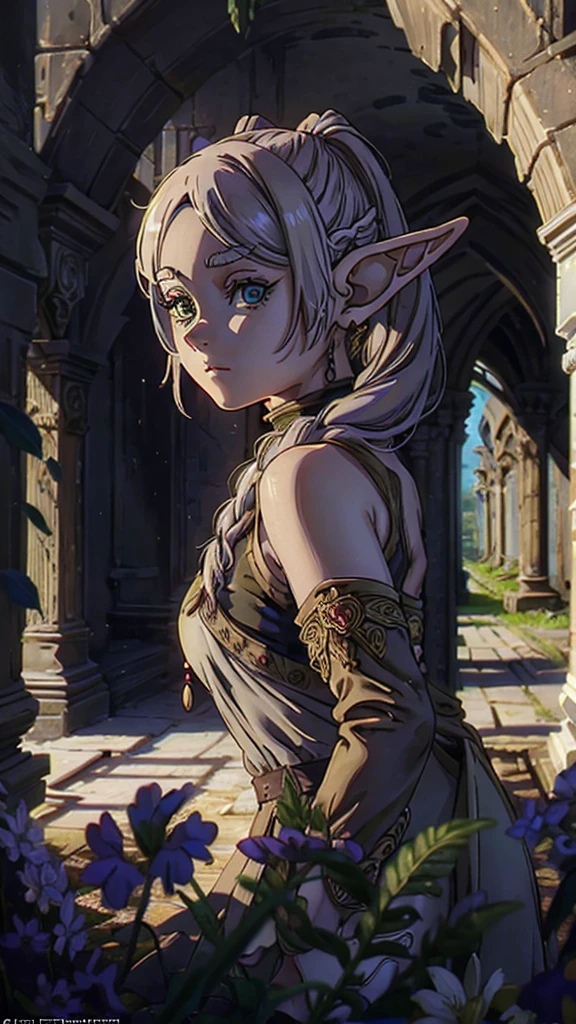 In realistic painting portrait of high quality and detail, Frieren (Sousou no Frieren), dark fantasy style, european, A petite elf girl with green eyes, thick eyebrows and long white hair parted in the middle and braided into two high pigtails. Like all elves, she has large pointed ears, 1girl, Depth & Perspective, happy look, fine face, indoors, she's stands in the ruins, antient ruins on the background, daylight, looking at viewer, (very detailed face:1.4), (capricious, private study:1.3), (Ultra-high detail:1.2), Motion photography, high details, detailed and intricate, intricate details, high intricate details, Absurd amount of detail, absurdity, high resolution, (high quality:1.2, masterpiece:1.2, :1.21)
