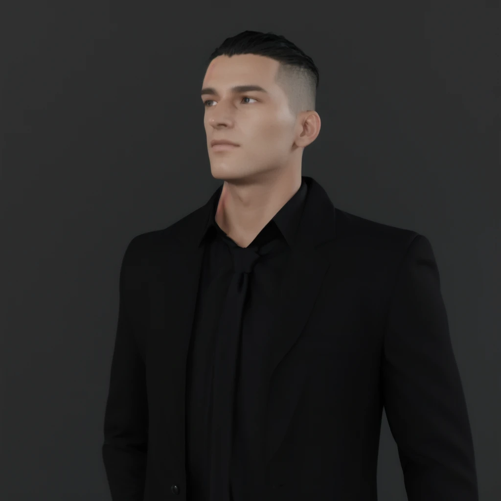 arafed male in a black suit and tie standing in front of a black background, maxwell render, male character, unrealistic character concept, subsurface scattering skin, realistic character concept, highly detailed character, modeled in poser, detailed unblurred face, 3 d demo reel avatar, 3 d render of jerma 9 8 5, 3d character realistic