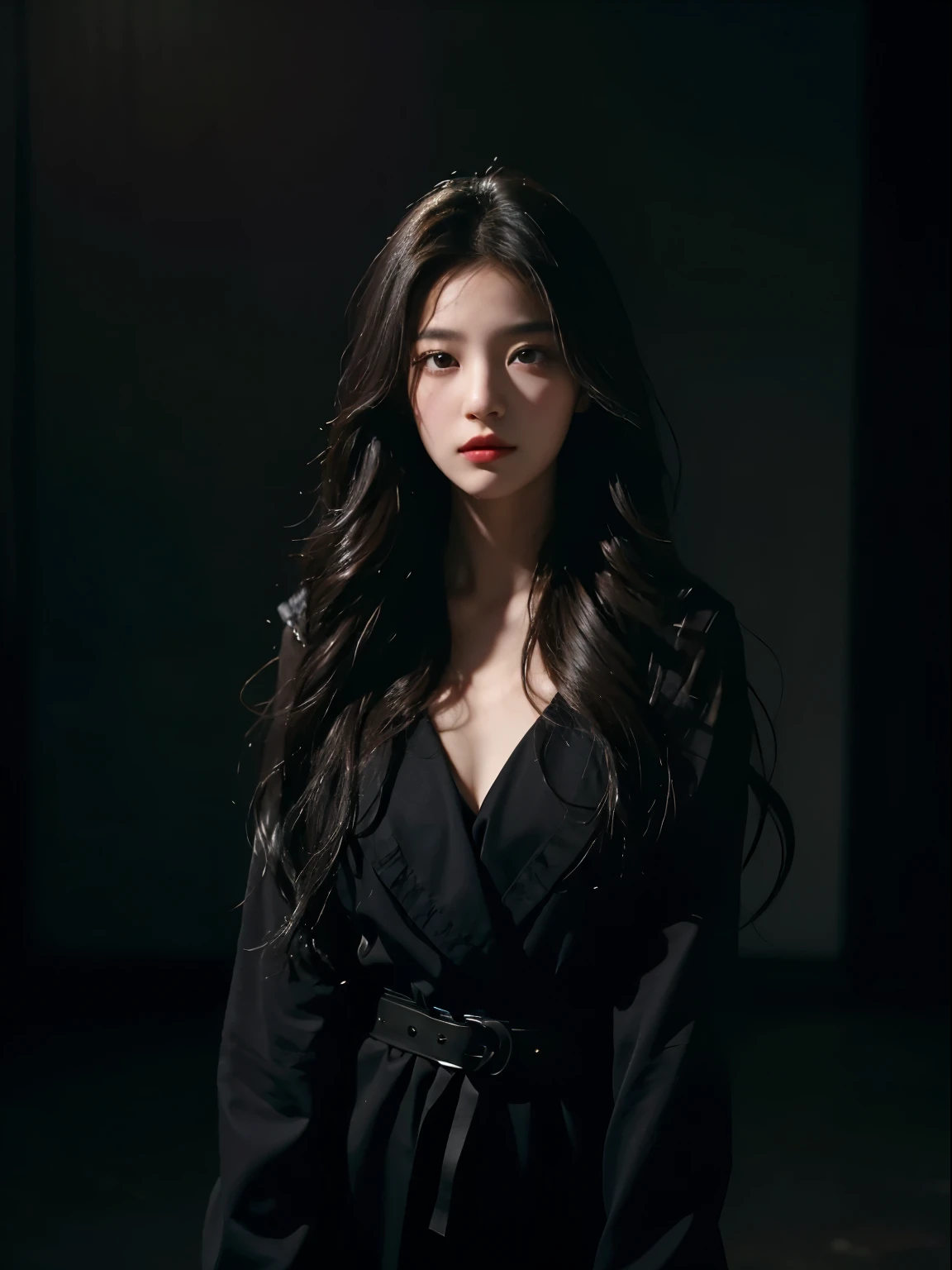 1girll, 175cm,Korean K-pop idol and model ,23 years old, Soft body, Jet black hair, Wavy hair, Whole body, Hair grows to the waist, Whole body,((Head to leg)),Close-up, 8K, RAW photo, Best quality, Masterpiece,Realistic, photo-realistic,Cute(Front focus), (In the dark:1.6), Surrealistic Female Portraits by David Hockney and Alphonse Mucha, Fantasy art, photograph realistic, Dynamic lighting, art stations, poster for, voluminetric lighting, Very detailed faces, 4 k'', Award-Awarded, 1girll, In the dark, deepshadow, low tune, Cowboy shot, (official outfit:1.4), Long hair, (