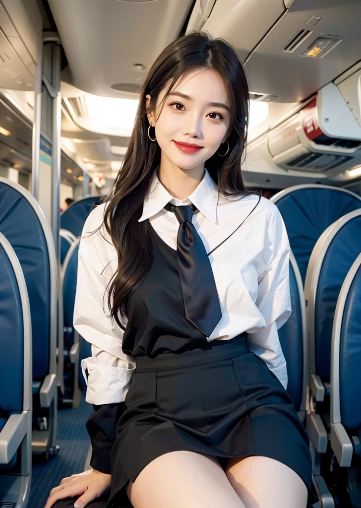 Of Japanese10Teenage Girls。A round face with plump cheeks makes you look young。The eyes are slit and long.、expression is dark。The mouth is large、The lips are thick。Wearing a simple black suit。Not a pantsuit、Black tight skirt。He wears a white curler shirt under his suit。Accentuates natural, large breasts。Shirt buttons3More than one open。No undershirt is worn under the curler shirt。The skin is visible through the skin。Her hairstyle is a ponytail with bangs and long sideburns.。Tied with a red ribbon。Wearing a scrunchie on her left wrist。Train seats in the background。Sitting in your seat、The legs are wide apart from the base of the thighs。