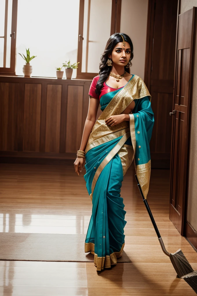 Indian girl wearing saree while sweeping the house, ultra realistic 8k hard clearty 