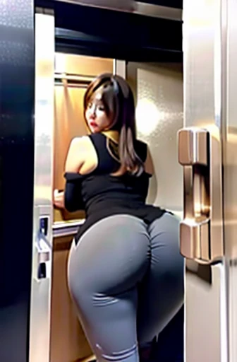 tall fat xxapple girl bumping her huge butt in a sexy chinese dress with leggings, trying to squeeze out of a tiny door in the elevator at the office, she is too big, she is stuck