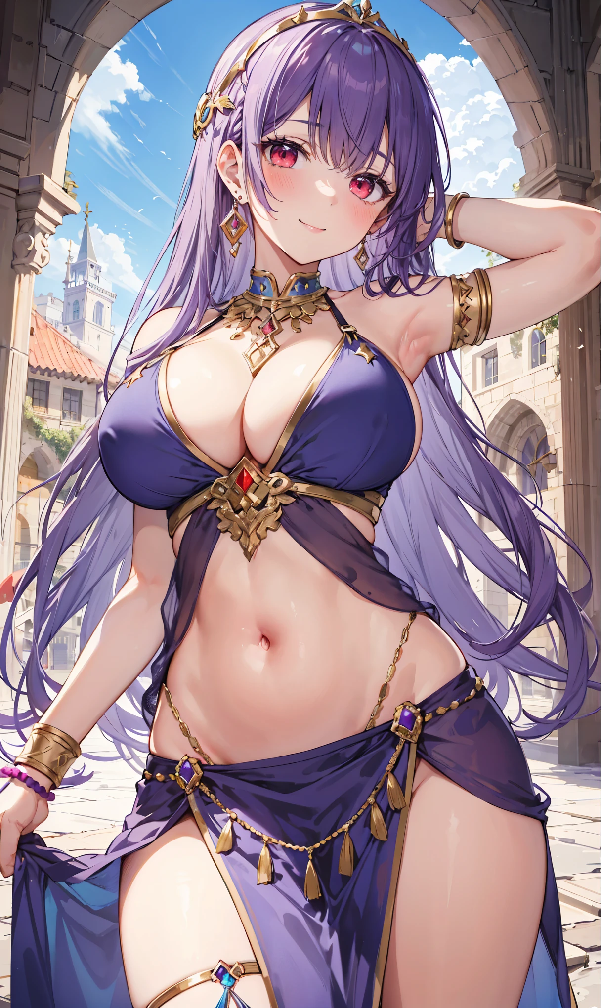 high quality, ultra detailed, best quality, insanely detailed, beautiful, masterpiece, 1girl, medieval plaza, cowboy shot, red eyes, long hair, purple hair, belly dancer, circlet, earrings, armlets, bracelets, bashful smile, large breasts, cleavage, soft stomach