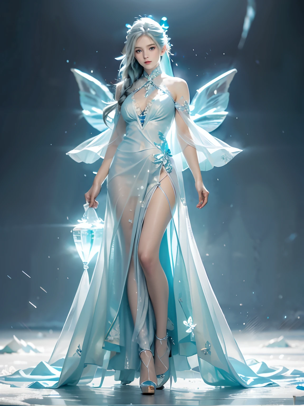 full body from legs to face , blue eyes, ultra detailed eyes, ultra detailed pretty face , light blue hair , blue and white clothes, realistic clothes, detail clothes ,full body image ,Frost Goddess,Frozen fluid ,Ice World,ice,Translucent clothing,blue nails,Positive, ice butterfly wings, crystal,dress,glowing ,long hair, medium breasts, ice castle background
