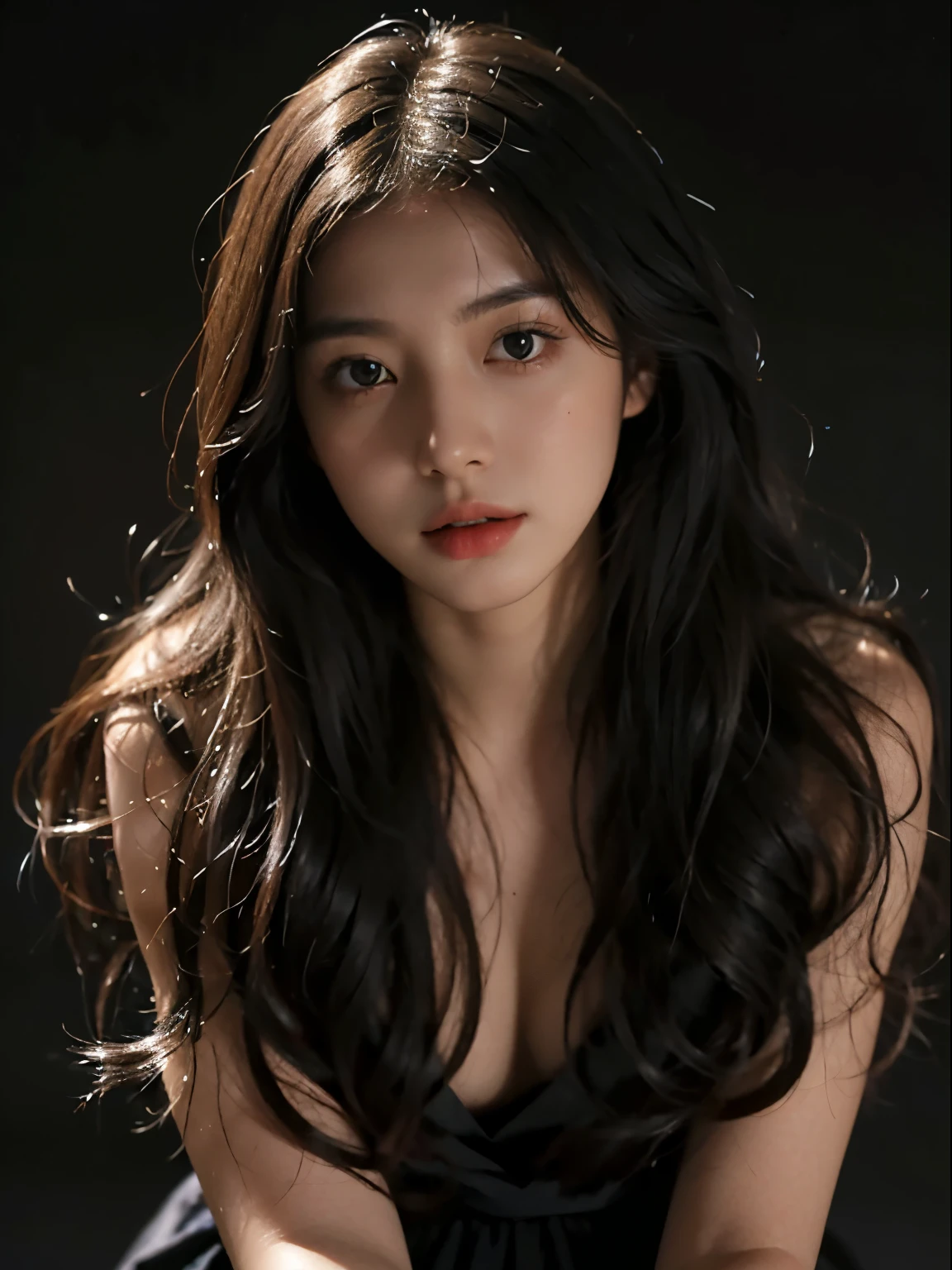 1girll, 175cm,Korean K-pop idol and model ,23 years old, Soft body, Jet black hair, Wavy hair, Whole body, Hair grows to the waist, Whole body,((Head to leg)),Close-up, 8K, RAW photo, Best quality, Masterpiece,Realistic, photo-realistic,Cute(Front focus), (In the dark:1.6), Surrealistic Female Portraits by David Hockney and Alphonse Mucha, Fantasy art, photograph realistic, Dynamic lighting, art stations, poster for, voluminetric lighting, Very detailed faces, 4 k'', Award-Awarded, 1girll, In the dark, deepshadow, low tune, Cowboy shot, (official outfit:1.4), Long hair, (