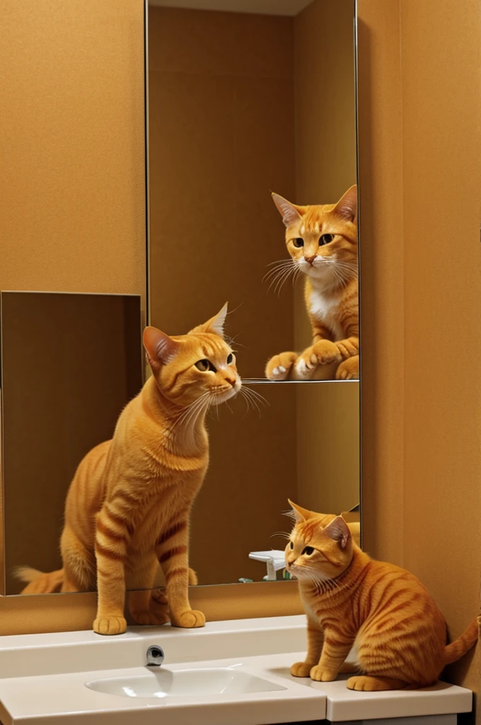 Realistic image orange cat brushing its teeth in front of a mirror in the bathroom