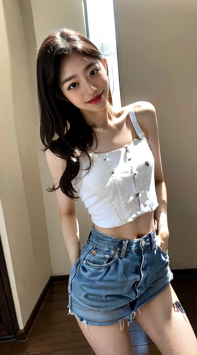 ((Best image quality)、Korean 20 years old、In a private luxury villa, NFSW, high resolution, Natural and smooth implementation, head and body balance、Perfect 바디 뷰티:1.4、slim、thin legs、((dark brown hair、very small breasts:1.2))、, Highly detailed face and skin textures、eye for detail、shy smile、Perfect 、with legs spread, lighting areola、Aiming to become a gravure idol、An angle slightly lower than the front、top quality、reality、open crotch、cute appearance、small ass、K-pop makeup、embarrassed expression、thin waist, White and clear skin, cute belly fat, chubby, Narrow pelvis, hairstyle for long hair, wet, natural implementation, one piece, clear and bright weather, bed, Temptation
