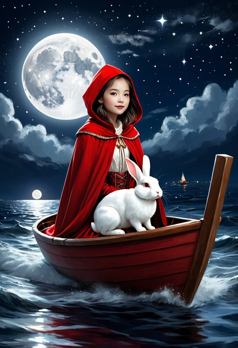  The image is a digital painting featuring a girl with a red cloak and a white rabbit in a boat on a starlit sea, set against a backdrop of a full moon and the night sky.