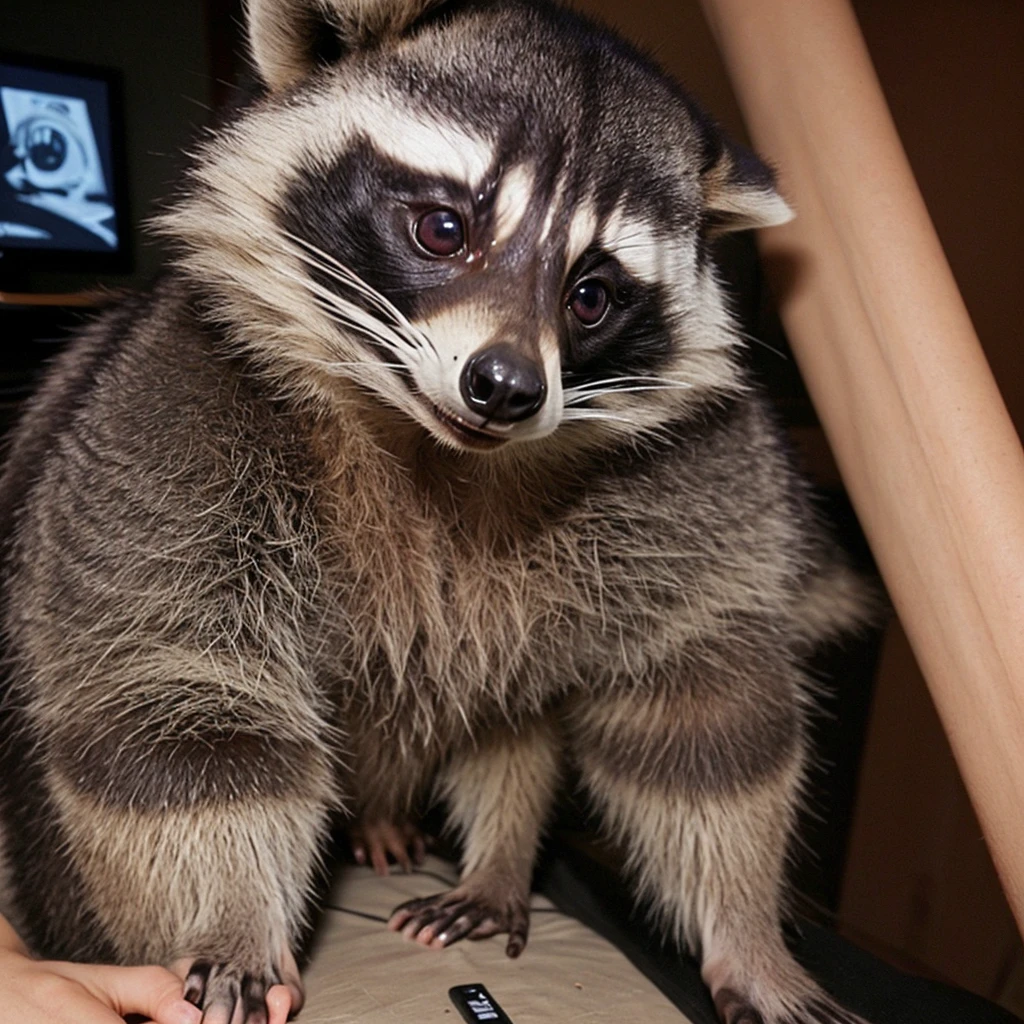 Sexy male raccoon with freen eyes, gamer, tall, kind, sexy shirt off