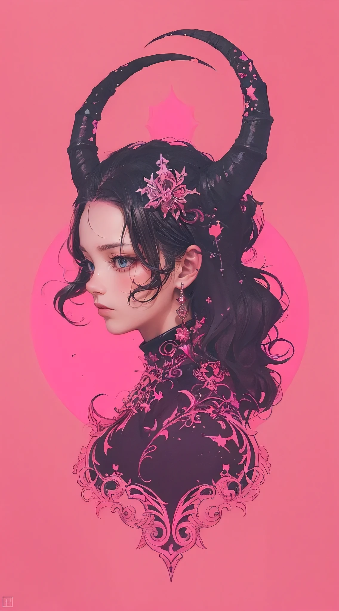 pink background, the trifecta of dreams, pink horned demon goddess, beautiful detailed eyes, beautiful detailed lips, extremely detailed face, 1girl, surreal, hyper detailed, oil painting, ethereal, dramatic lighting, vibrant colors, cinematic composition, intricate details, masterpiece