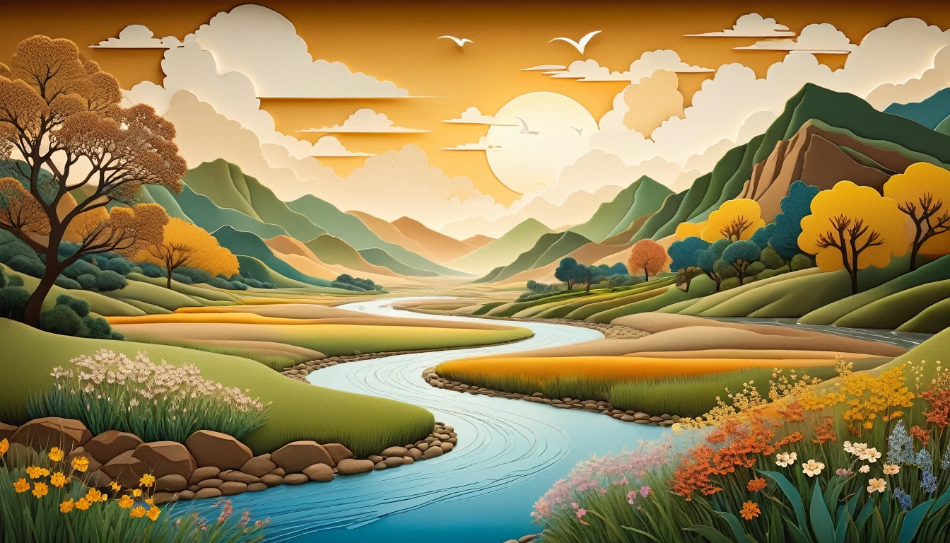 paper_cut,Natural and organic depictions of river,Sky and steppe,Kelsang flowers,Clouds,Big wind,Features earth tones and botanical motifs,Withdraw connections to nature and the environment,Influenced by botanical illustrations or environmental art,softlighting,(warm color:1.15),best quality exquisite details,3D rendering of