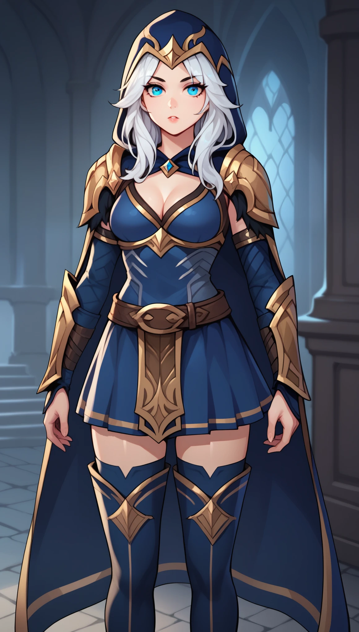 score_9, score_8_up, score_7_up, score_6_up, score_5_up, score_4_up, AsheLoLXL, blue eyes, white hair, long hair, parted bangs, blue hood, hood up, medium breasts, golden armor, cape, shoulder armor, cleavage, blue dress, vambraces, brown belt, blue skirt, blue thighhighs, thigh boots, (solo), standing, looking at viewer, indoors