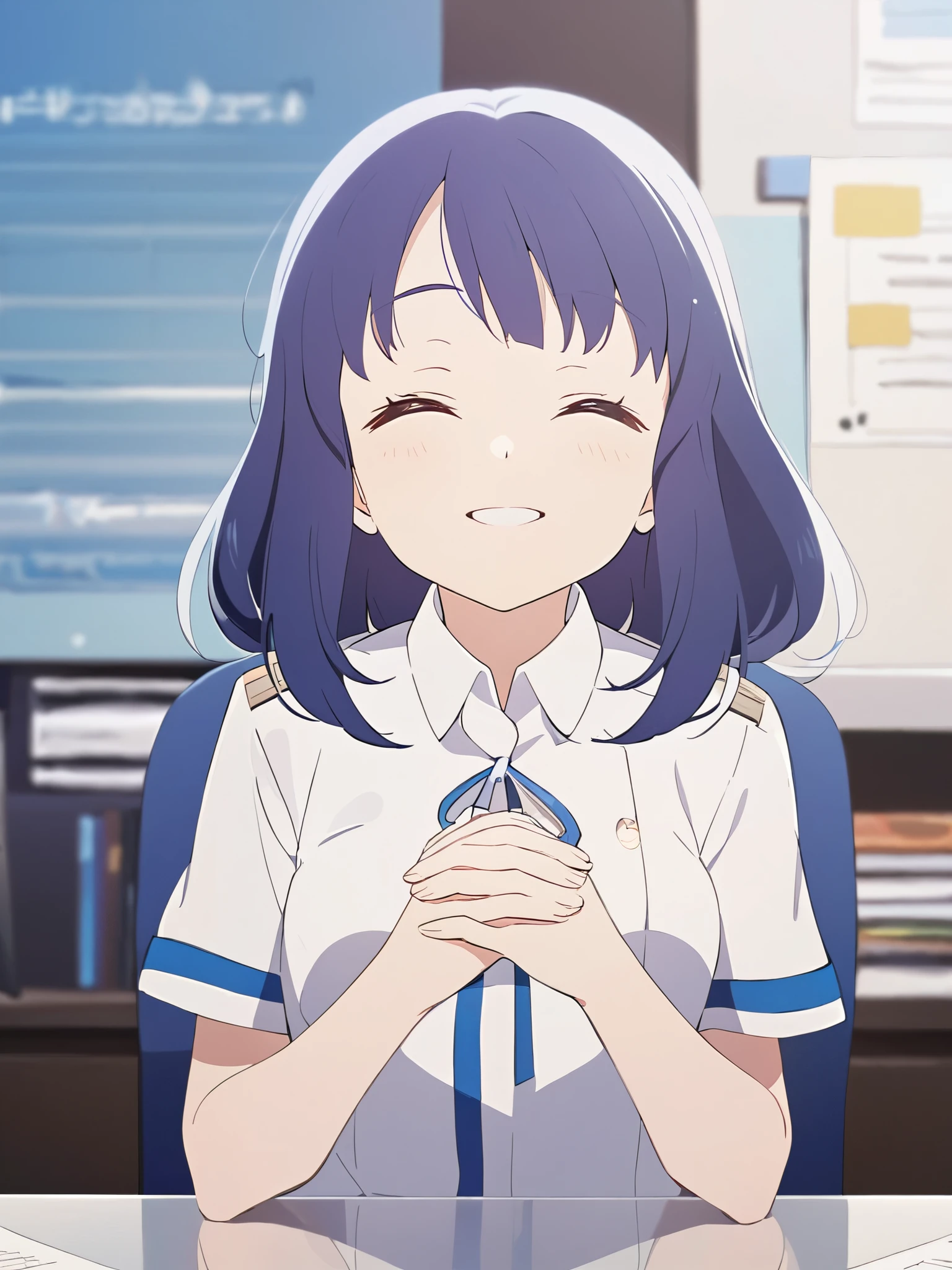 One girl、In the office、Blue Hair、Motivated、Small breasts、Hands clasped together in front of chest、Smiling