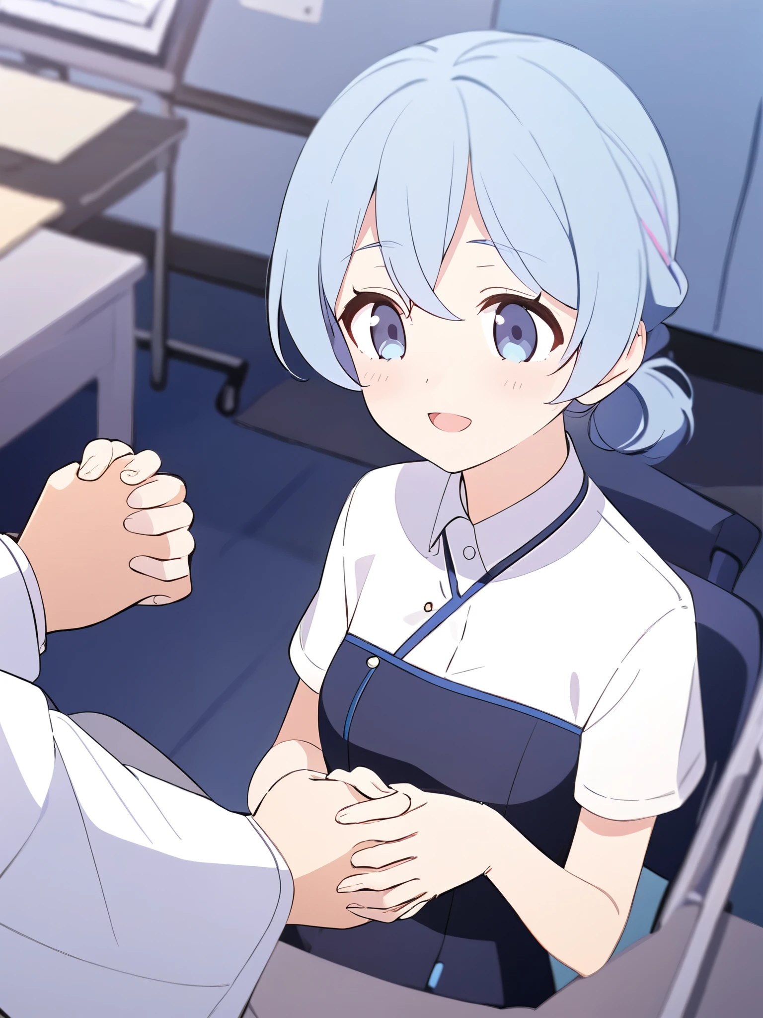 One girl、In the office、Blue Hair、Motivated、Small breasts、Hands clasped together in front of chest、Shaking hands