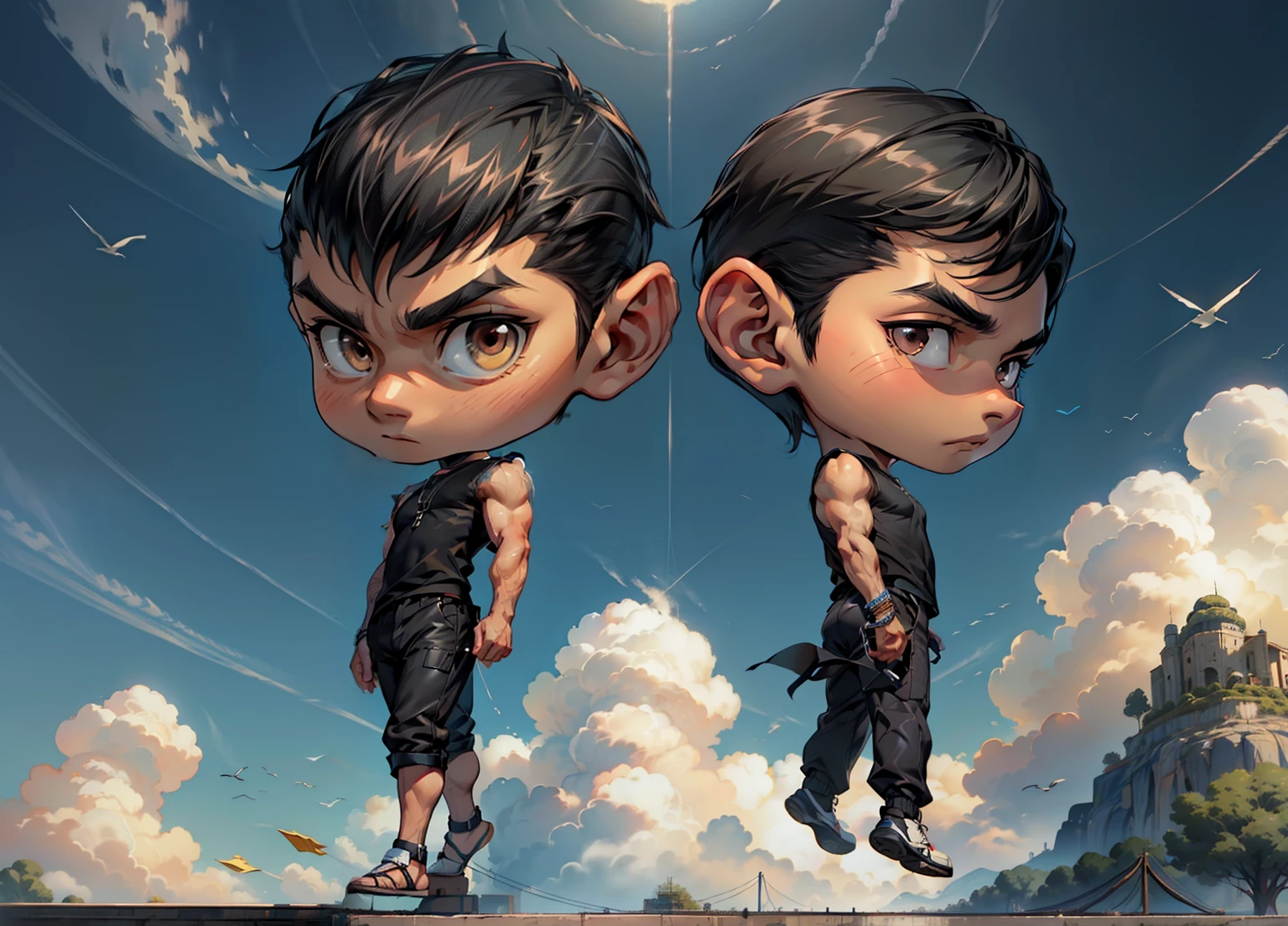 1boy, 26 Years old, Calm face, brown eyes, high-cut black hair, muscular, bulky, black shirt, sleeveless, ((black trousers)), blue sky, cloud