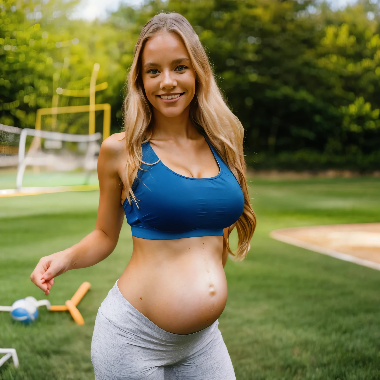Instagram model, Instagram, long blonde hair, blue eyes, tan skin, outdoors photoshoot, symmetrical face, positive cantal tilt, closed mouth smile, workout clothes, sports bra, cleavage, selfie, bedroom, detailed, reddit, film grain, raw, amateur, ((pregnant))