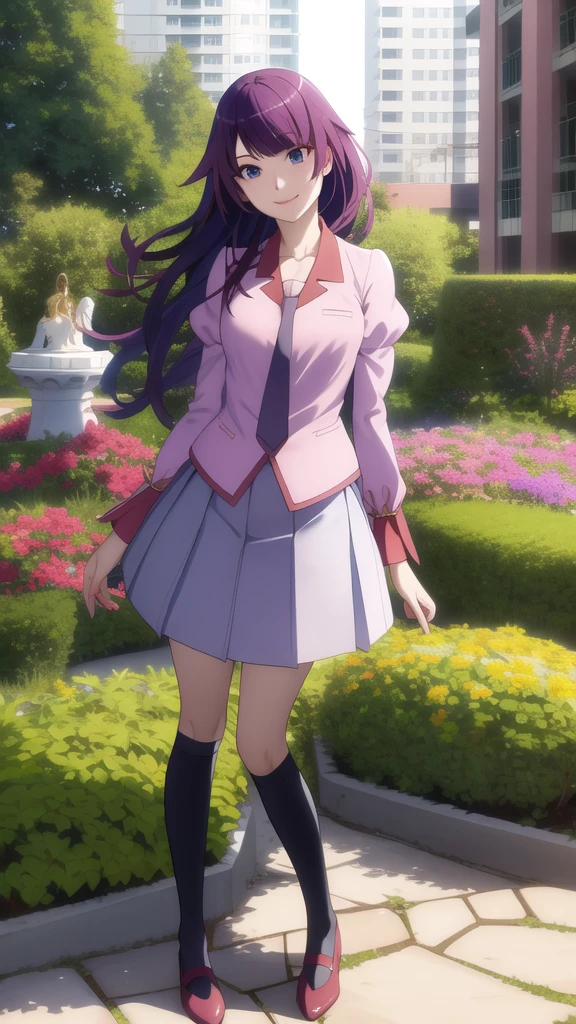 masterpiece, highest quality, High resolution, Detailed face, Face Focus, Anime Coloring,
garden, Flowers, Cowboy Shot, smile, Dawn,
One girl, alone, View Viewer, lean forward, Put your hands behind your back, 
hitagisenjougahara, Long Hair,  Medium chest, bangs, Senjougahara Hitagi,
Knee socks, Long sleeve, Pink Shirt, , Pleated skirt, tie, Puffy sleeves, black Knee socks, zettai ryouiki, Juliet Sleeve, naoetsu high 