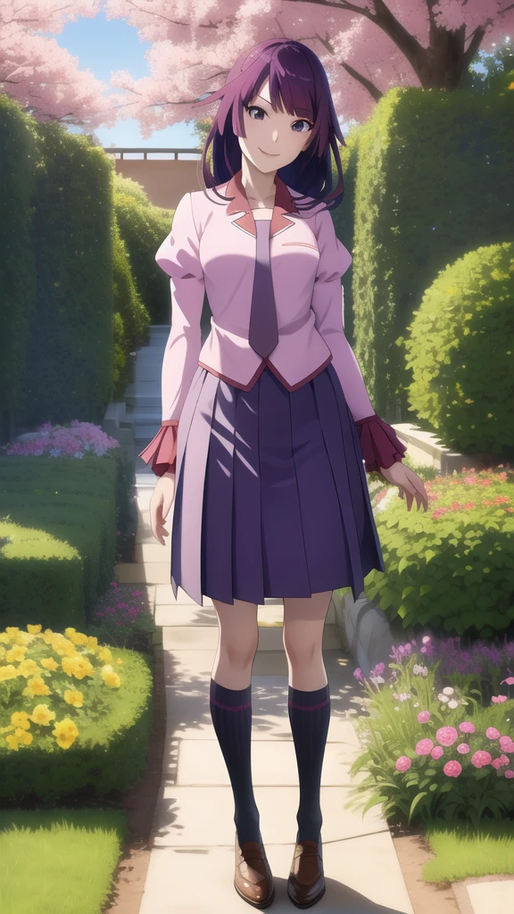 masterpiece, highest quality, High resolution, Detailed face, Face Focus, Anime Coloring,
garden, Flowers, Cowboy Shot, smile, Dawn,
One girl, alone, View Viewer, lean forward, Put your hands behind your back, 
hitagisenjougahara, Long Hair,  Medium chest, bangs, Senjougahara Hitagi,
Knee socks, Long sleeve, Pink Shirt, , Pleated skirt, tie, Puffy sleeves, black Knee socks, zettai ryouiki, Juliet Sleeve, naoetsu high 