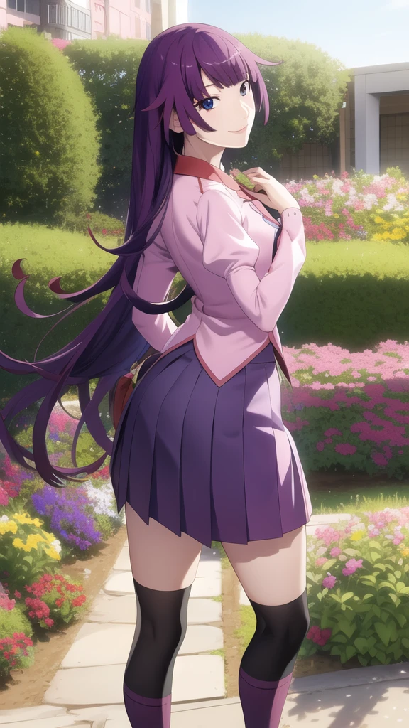 masterpiece, highest quality, High resolution, Detailed face, Face Focus, Anime Coloring,
garden, Flowers, Cowboy Shot, smile, Dawn,
One girl, alone, View Viewer, lean forward, Put your hands behind your back, 
hitagisenjougahara, Long Hair,  Medium chest, bangs, Senjougahara Hitagi,
Knee socks, Long sleeve, Pink Shirt, , Pleated skirt, tie, Puffy sleeves, black Knee socks, zettai ryouiki, Juliet Sleeve, naoetsu high 