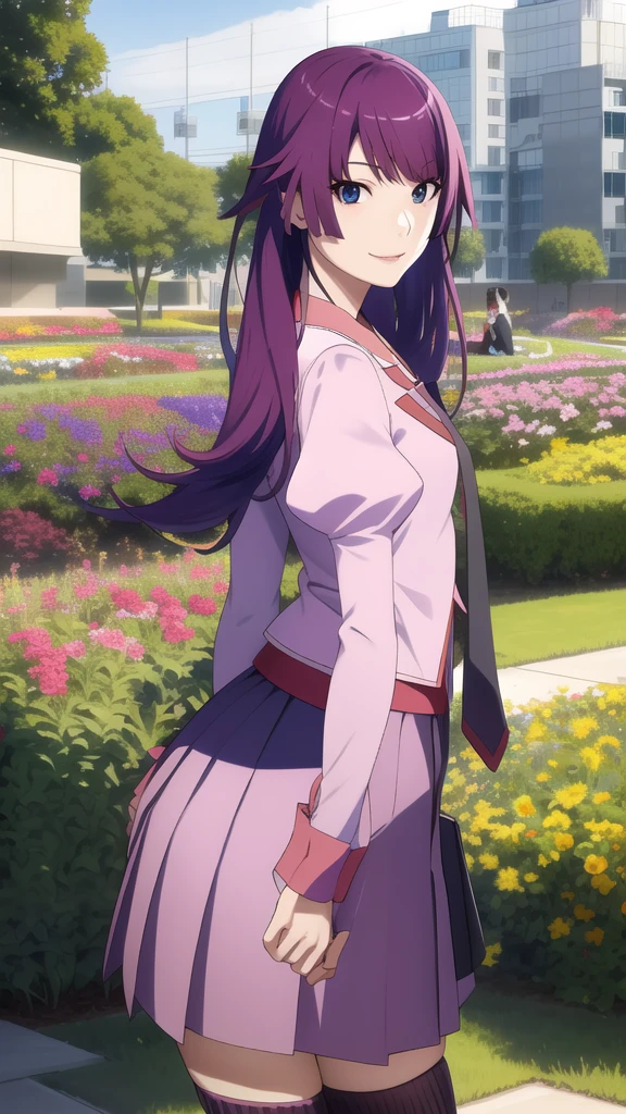 masterpiece, highest quality, High resolution, Detailed face, Face Focus, Anime Coloring,
garden, Flowers, Cowboy Shot, smile, Dawn,
One girl, alone, View Viewer, lean forward, Put your hands behind your back, 
hitagisenjougahara, Long Hair,  Medium chest, bangs, Senjougahara Hitagi,
Knee socks, Long sleeve, Pink Shirt, , Pleated skirt, tie, Puffy sleeves, black Knee socks, zettai ryouiki, Juliet Sleeve, naoetsu high 