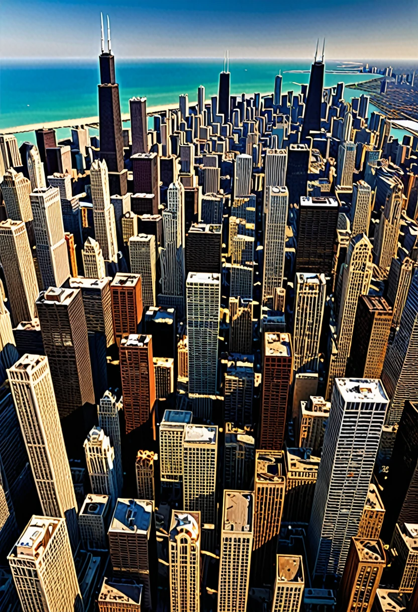 I need a piece of digital art to sell online on art and design platforms. The art should be a realistic representation of the city of Chicago, where the buildings are made from pieces of wood and the grain of the wood can be clearly seen.

**Main Theme**: Representation of the city of Chicago.

**Artistic Style**: Realistic.

**Visual Elements**:
- Iconic Chicago buildings, such as the Willis Tower, the Hancock Tower, and the Wrigley Building, must be made from pieces of wood.
- The wood grain should be clearly visible on all buildings, highlighting the natural details of the wood.
- The cityscape should include some natural elements such as trees and Lake Michigan, also with realistic details.

**Color palette**:
- Natural wood colors: brown, beige and light and dark wood tones.
- Natural colors for the environment: green for the trees, blue for the lake, and a light blue sky with some white clouds.

**Emotions or Atmosphere**: The work must convey a feeling of creativity and harmony, showing how natural materials can be integrated into an urban environment.

**File Format**: PNG
**Resolution**: 300 DPI, minimum size 4000 x 3000 pixels

Additional Instructions:
- Make sure buildings are easily recognizable as Chicago's architectural icons.
- Pay attention to the details of the wood, making sure the grain is visible and realistic.
- The integration of natural elements must be harmonious and realistic, without overloading the image.
- The work must be suitable for large prints, so take care of the details and image quality.