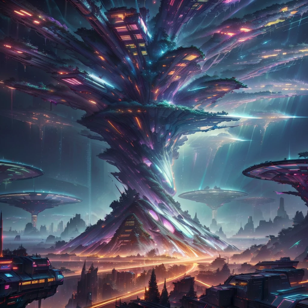 futuristic city with a huge tree in the middle of it, sci-fi digital art, by Beeple, 4k highly detailed digital art, cyberpunk tree house, depicted as a scifi scene, arstation and beeple highly, by Mike "Beeple" Winkelmann, cinematic beeple, surreal neuron city, otherworldly visuals