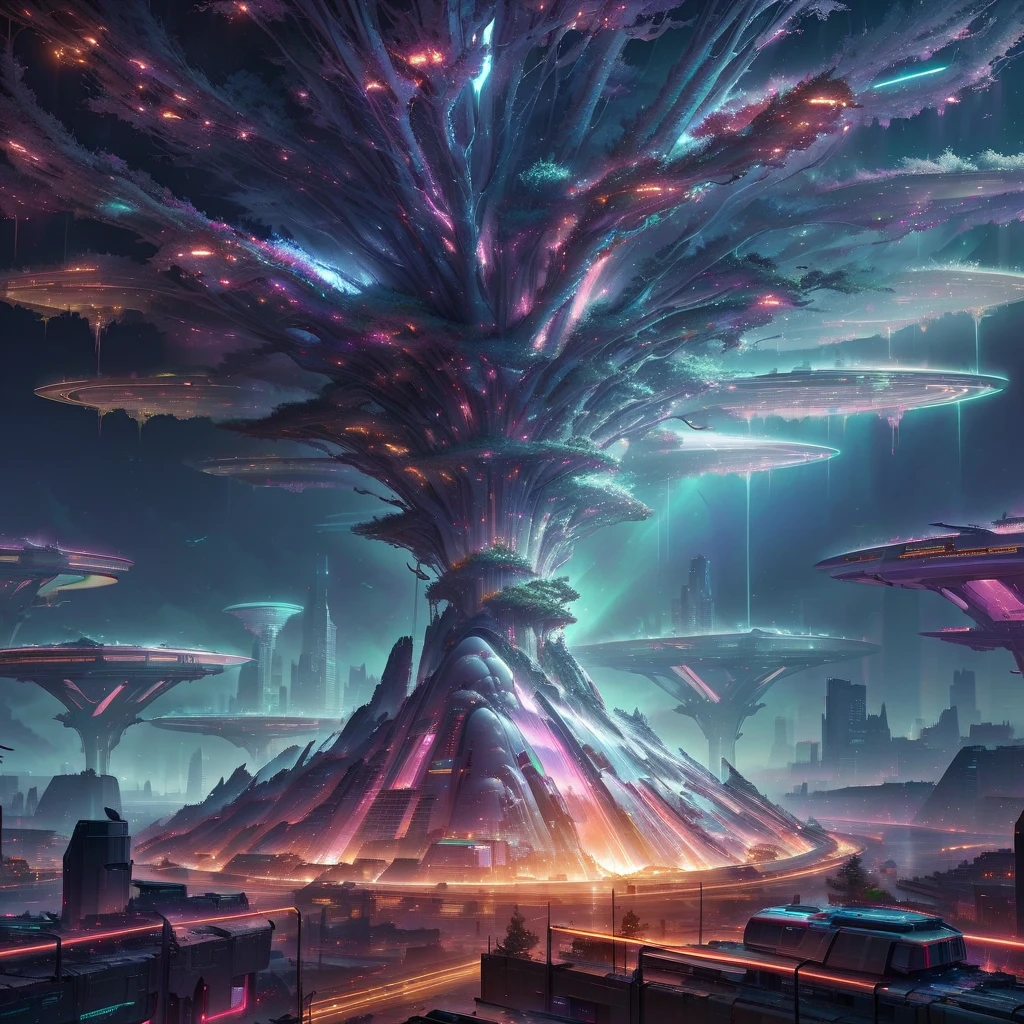 futuristic city with a huge tree in the middle of it, sci-fi digital art, by Beeple, 4k highly detailed digital art, cyberpunk tree house, depicted as a scifi scene, arstation and beeple highly, by Mike "Beeple" Winkelmann, cinematic beeple, surreal neuron city, otherworldly visuals