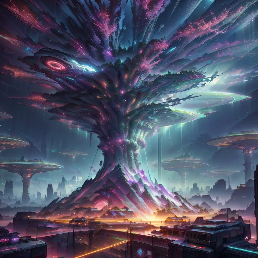 futuristic city with a huge tree in the middle of it, sci-fi digital art, by Beeple, 4k highly detailed digital art, cyberpunk tree house, depicted as a scifi scene, arstation and beeple highly, by Mike "Beeple" Winkelmann, cinematic beeple, surreal neuron city, otherworldly visuals